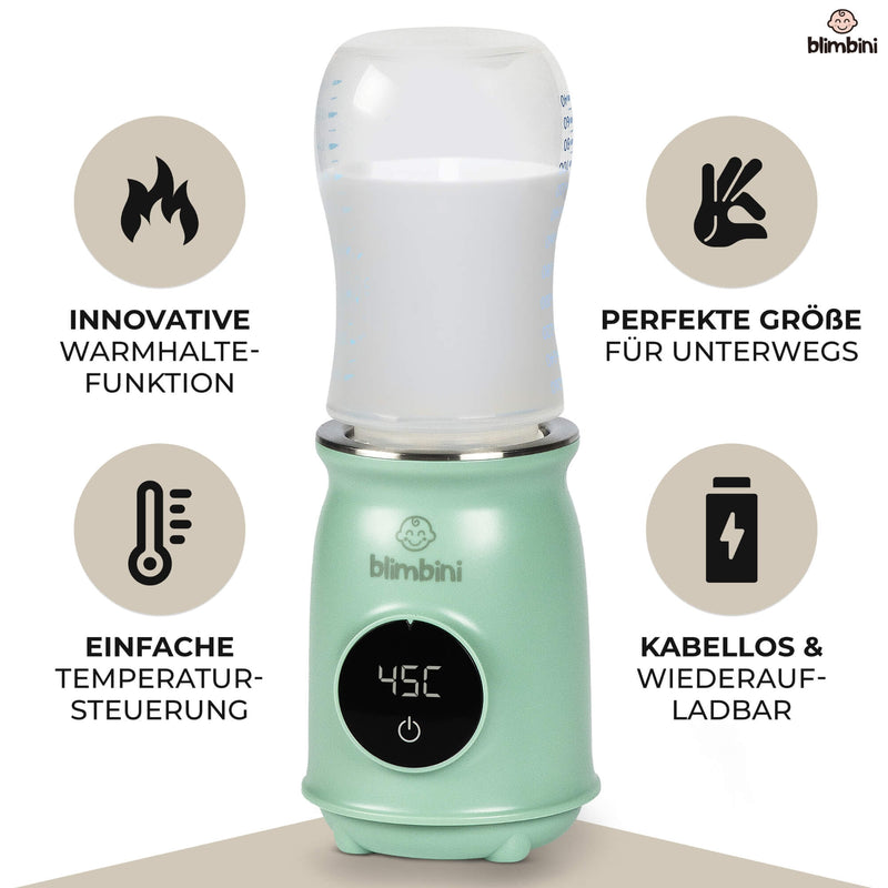 Der kabellose blimbini Pro Flaschenwärmer ist über USB aufladbar und ideal für unterwegs, um Babyflaschen schnell und bequem zu erwärmen. Der Fläschchenwärmer verfügt über eine innovative Warmhaltefunktion und einfache Temperatursteuerung. 